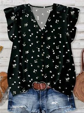 Women’s V-neck Floral Flutter Sleeve Button Down Blouse